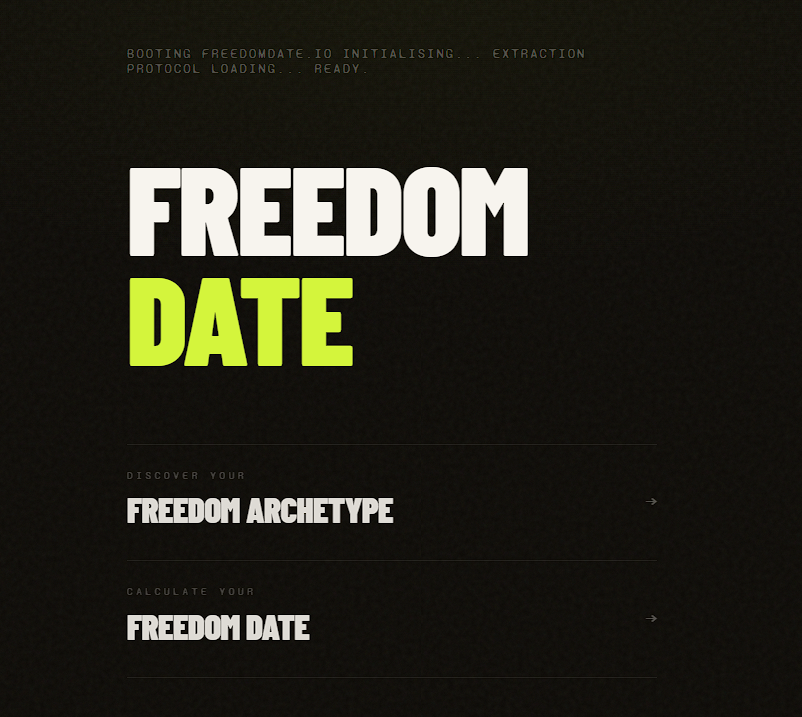 Freedom Date landing screen, choice between Freedom Archetype and Freedom Date